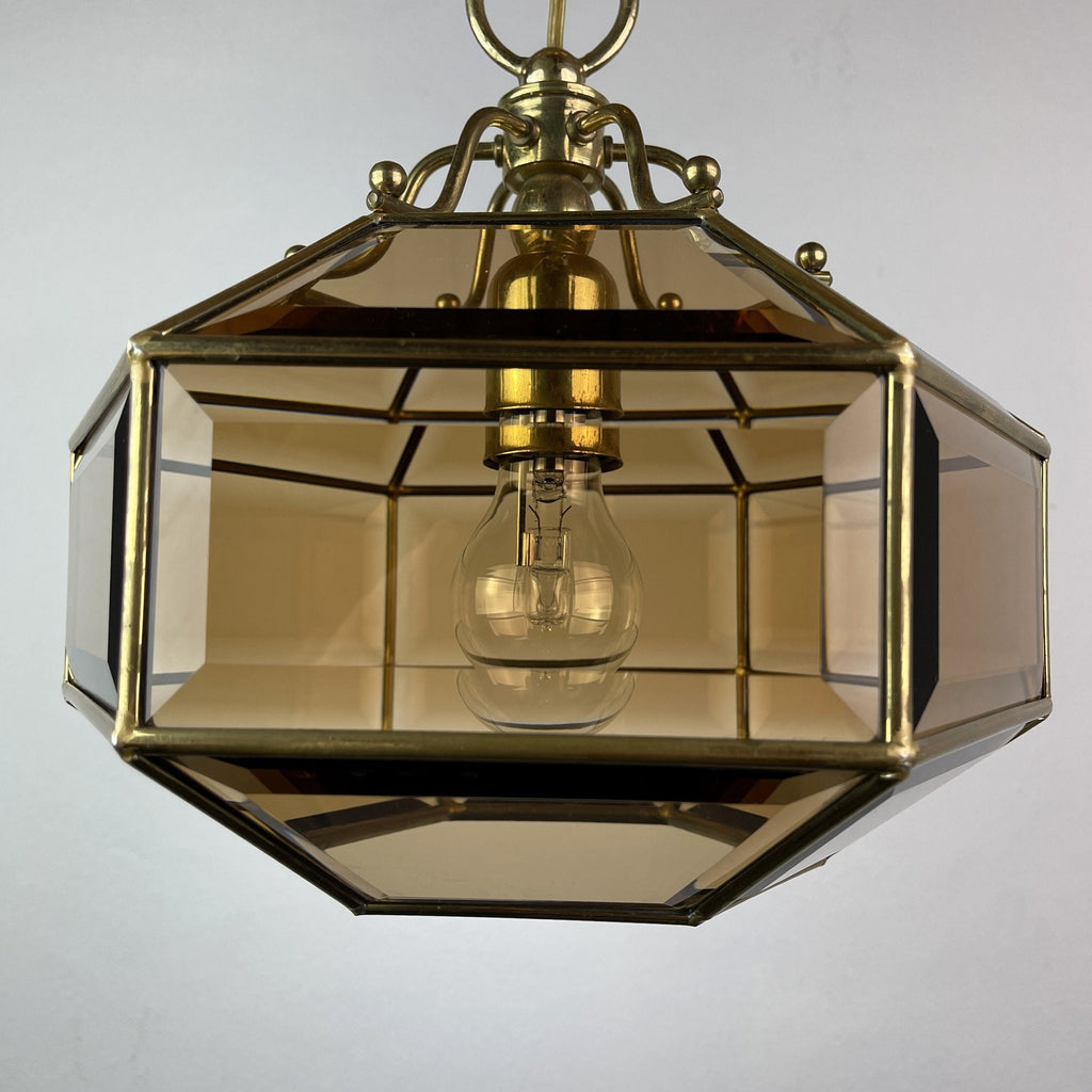 Vintage diamond pendant lamp Italy 1960s Gold brass hex crystal lamp