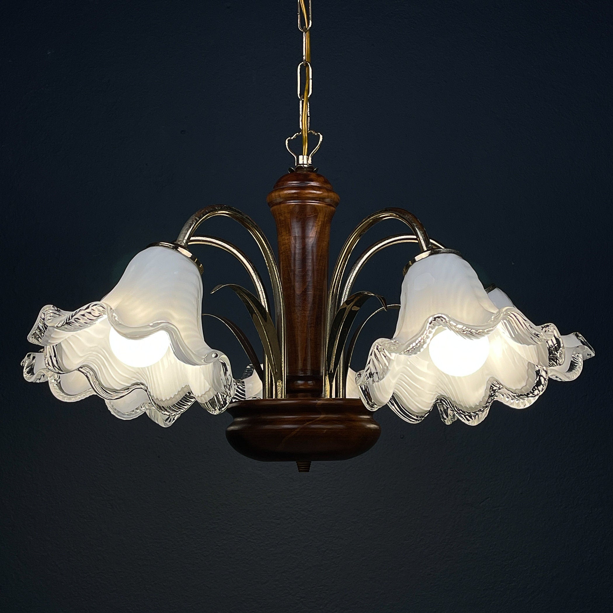 Vintage murano glass and wood chandelier Italy 1970s
