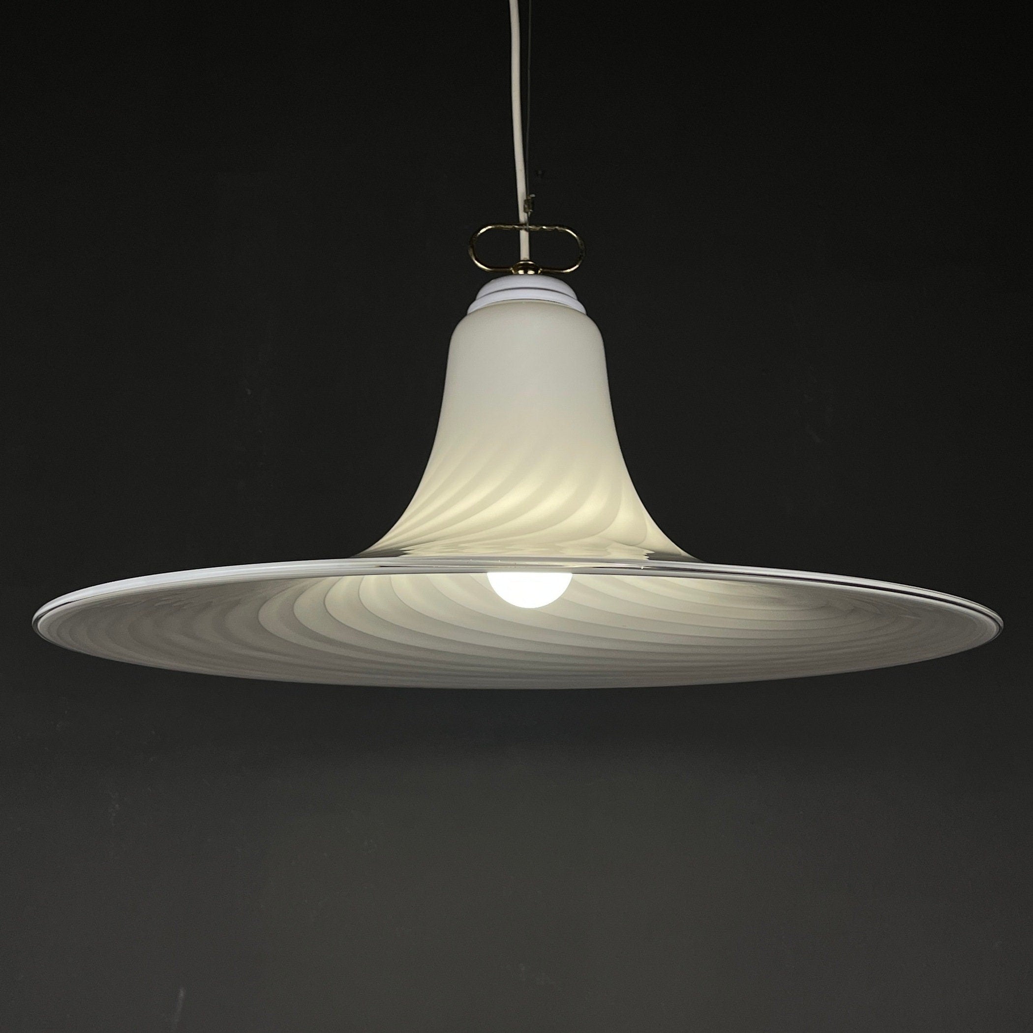 Vintage Murano Glass Pendant Lamp: Swirl White Mid-Century Lighting