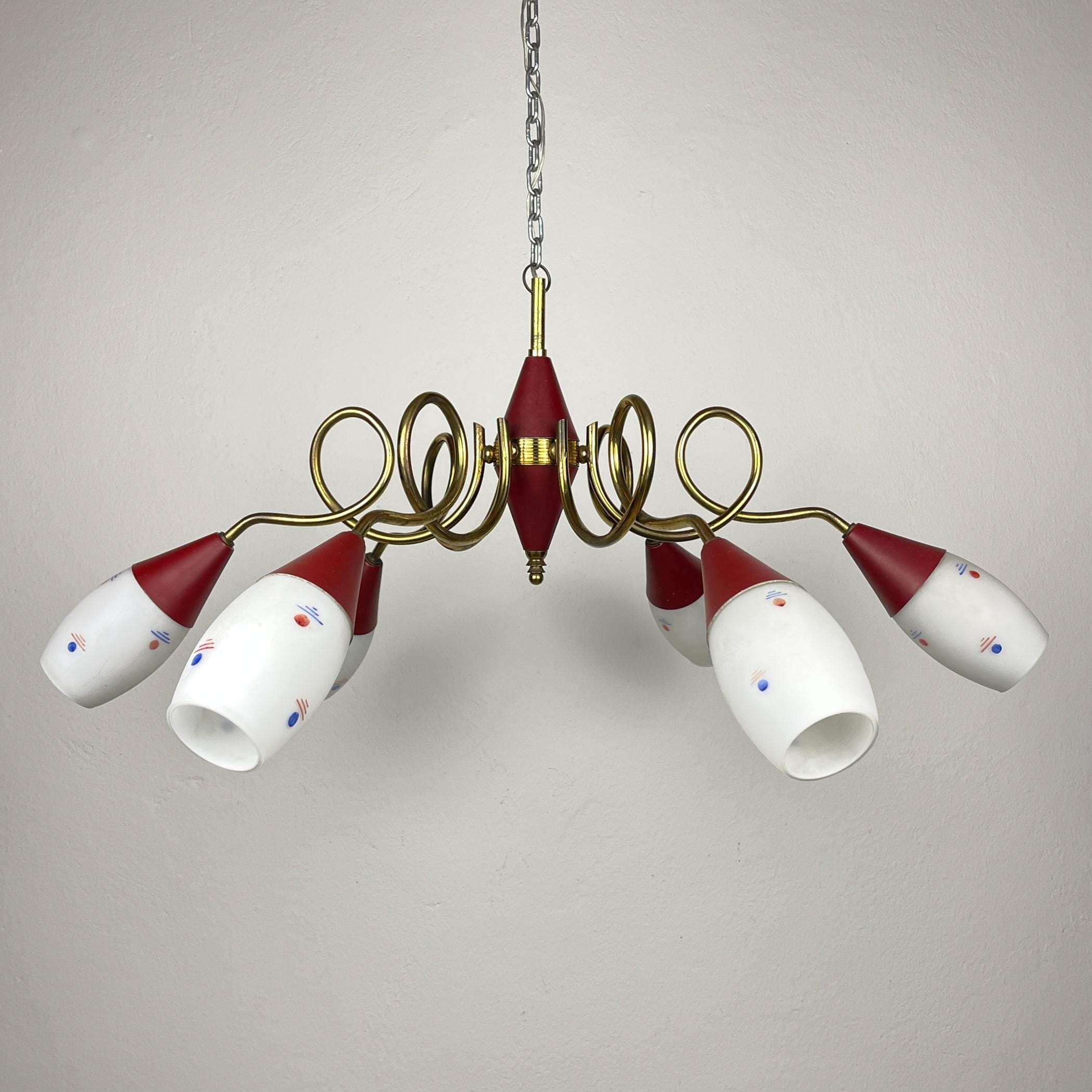 Vintage brass and murano glass chandelier by Stilnovo, Italy, 1960s, Italian Classic Design