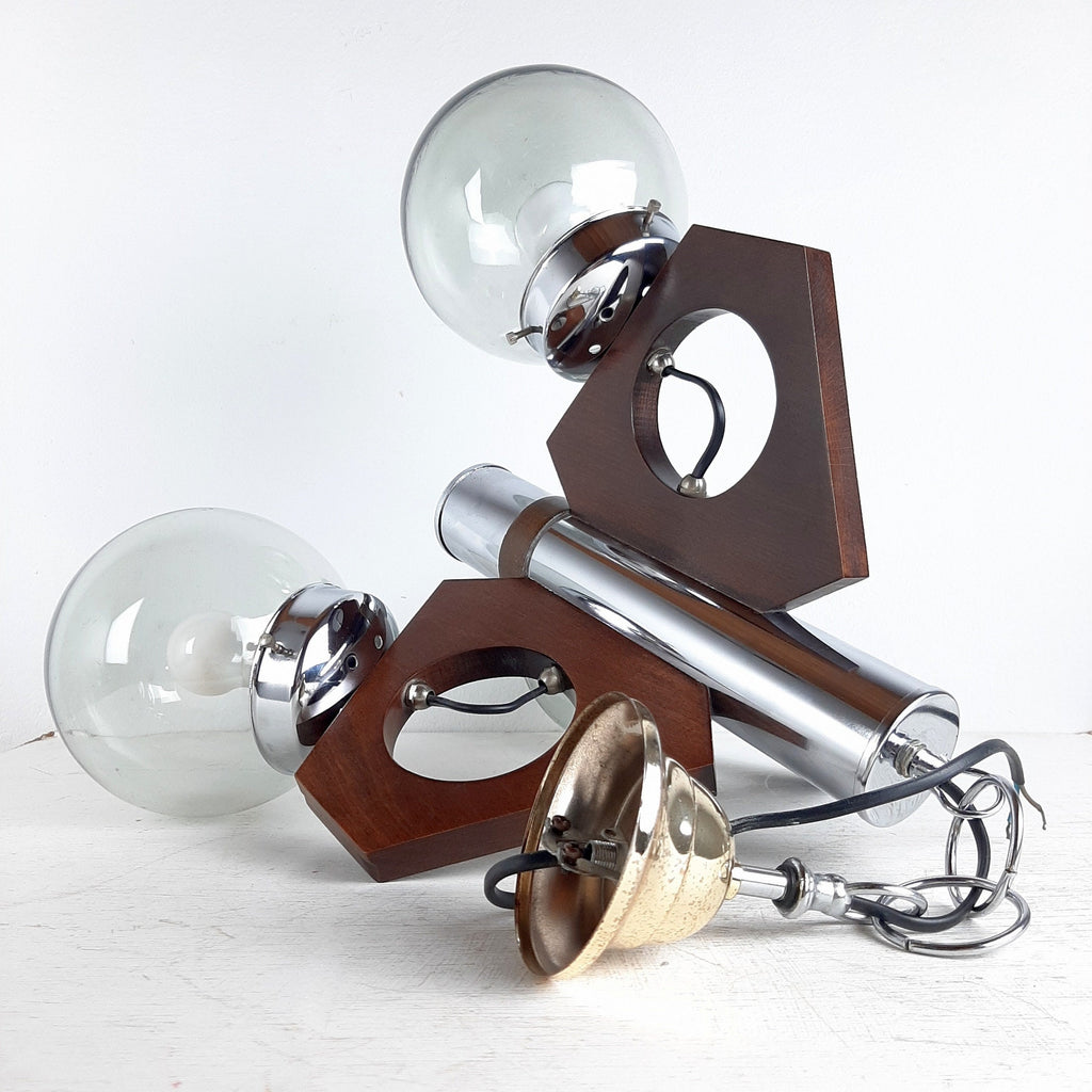 Mid-Century Modern Chandelier: 1970s Yugoslavia Wood, Glass, & Metal 3-Bulb Lamp