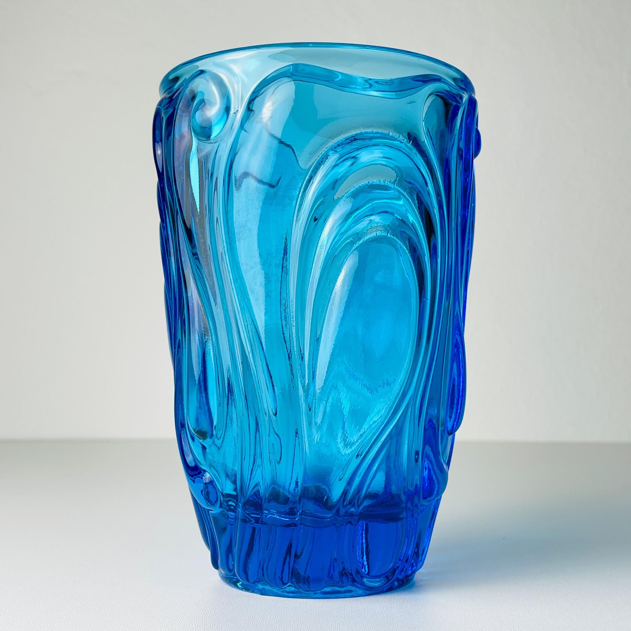 Vintage blue art glass vase, Italy 1970s, mid-century home decor