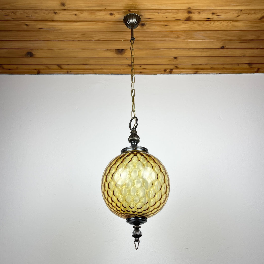 Vintage yelllow murano sphere ball pendant lamp Italy 1970s, Mid-century italian lighting
