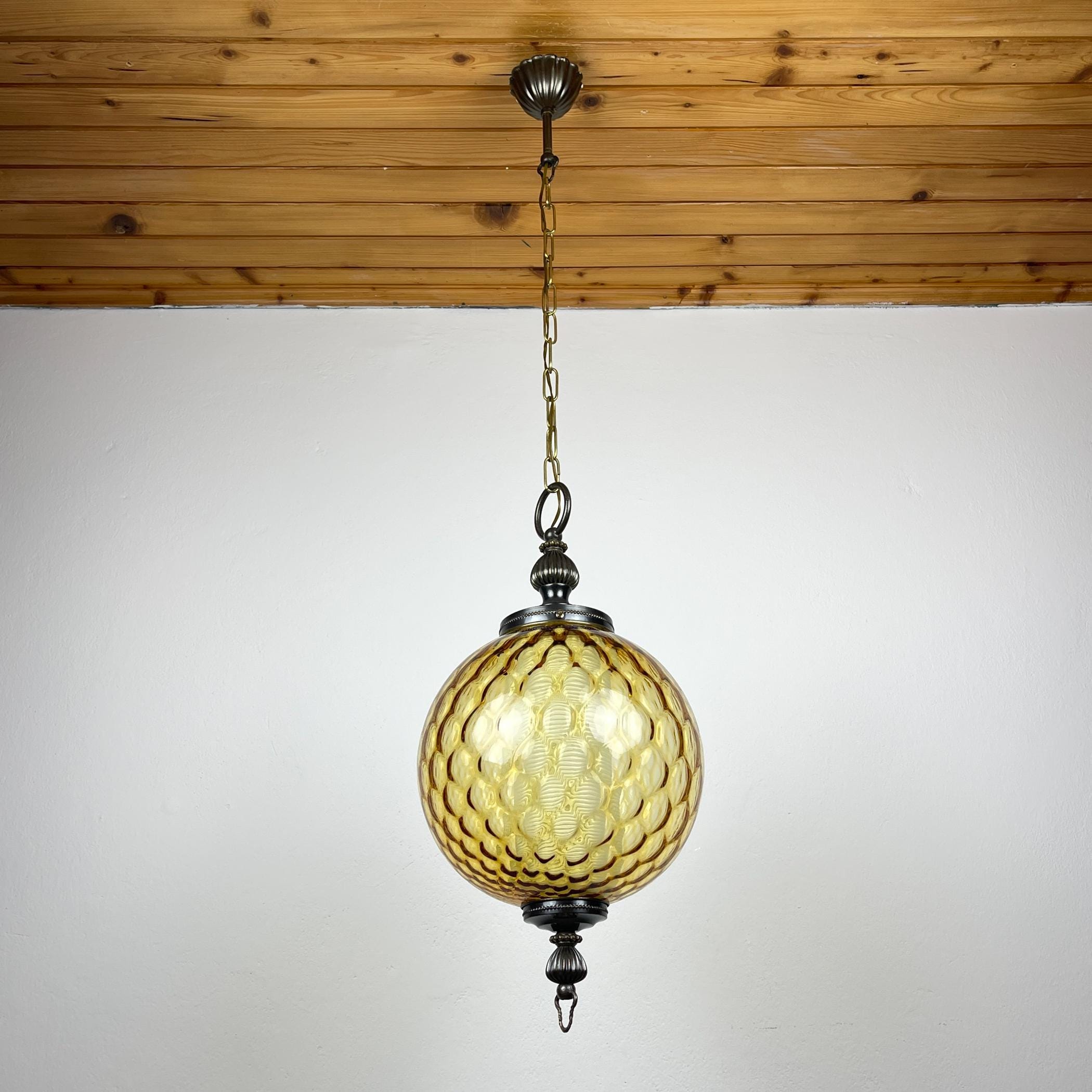 Vintage yelllow murano sphere ball pendant lamp Italy 1970s, Mid-century italian lighting