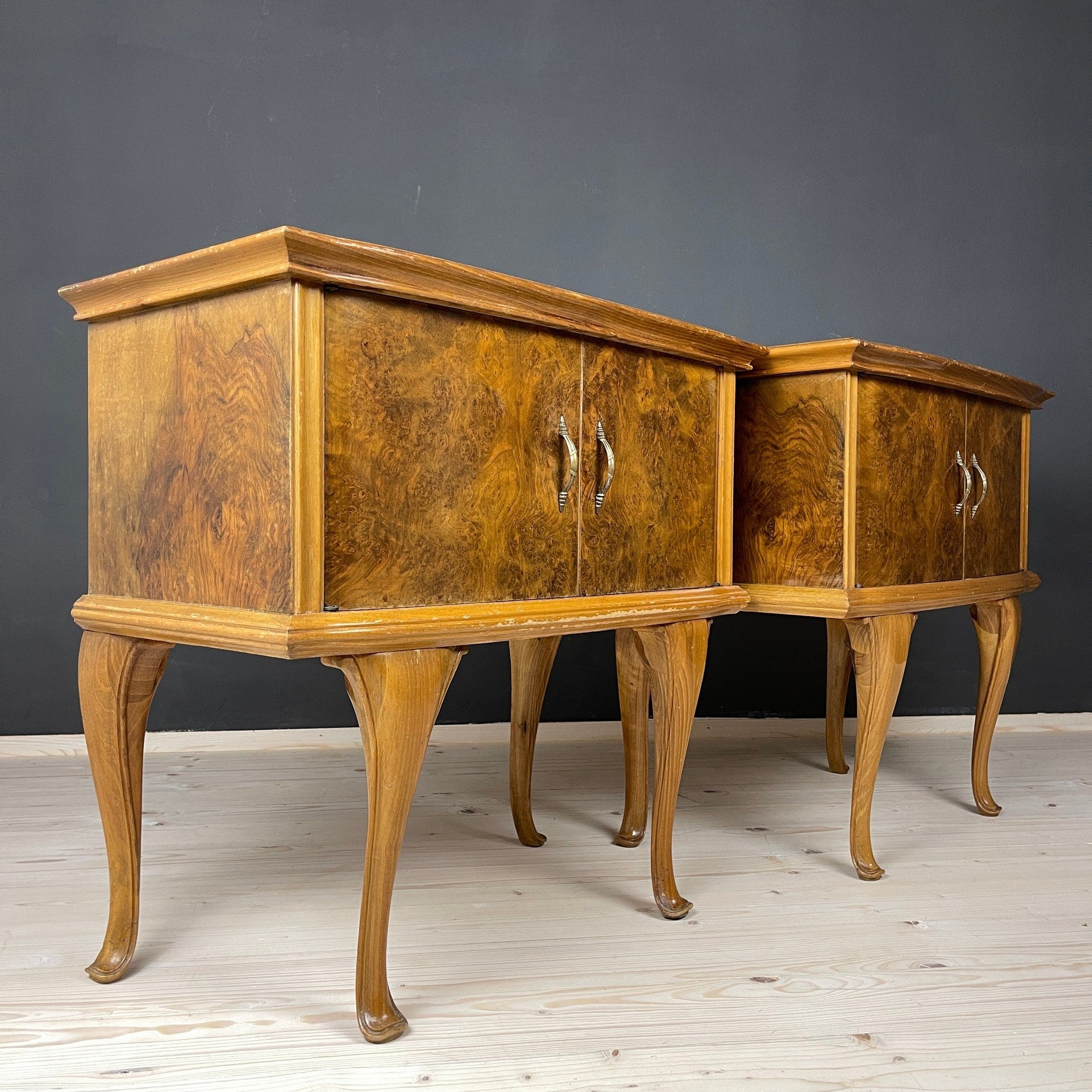 Pair of Vintage wood nightstands Italy 1950s  mid-century wooden bedside table
