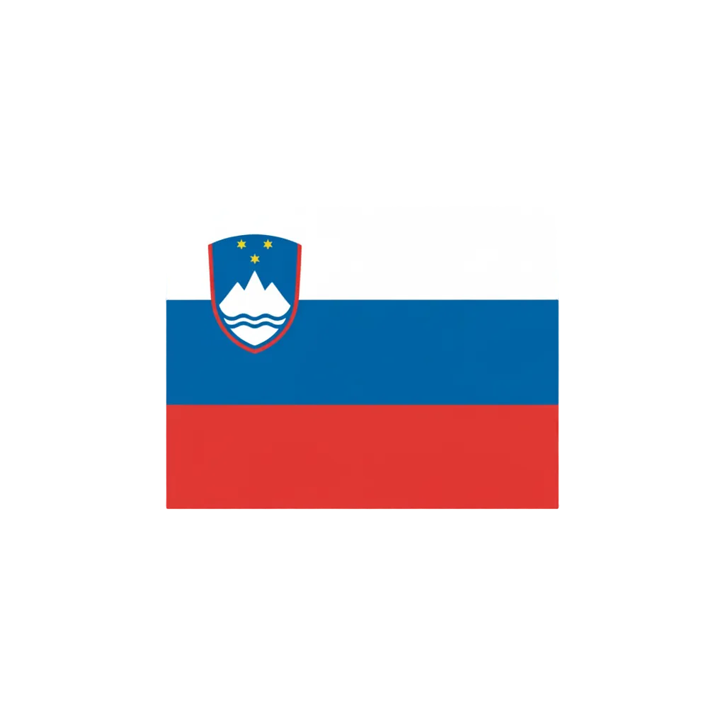 The national flag of Slovenia, featuring horizontal stripes of white, blue, and red, with the Slovenian coat of arms positioned in the upper left corner. The flag is centered on a plain white background.