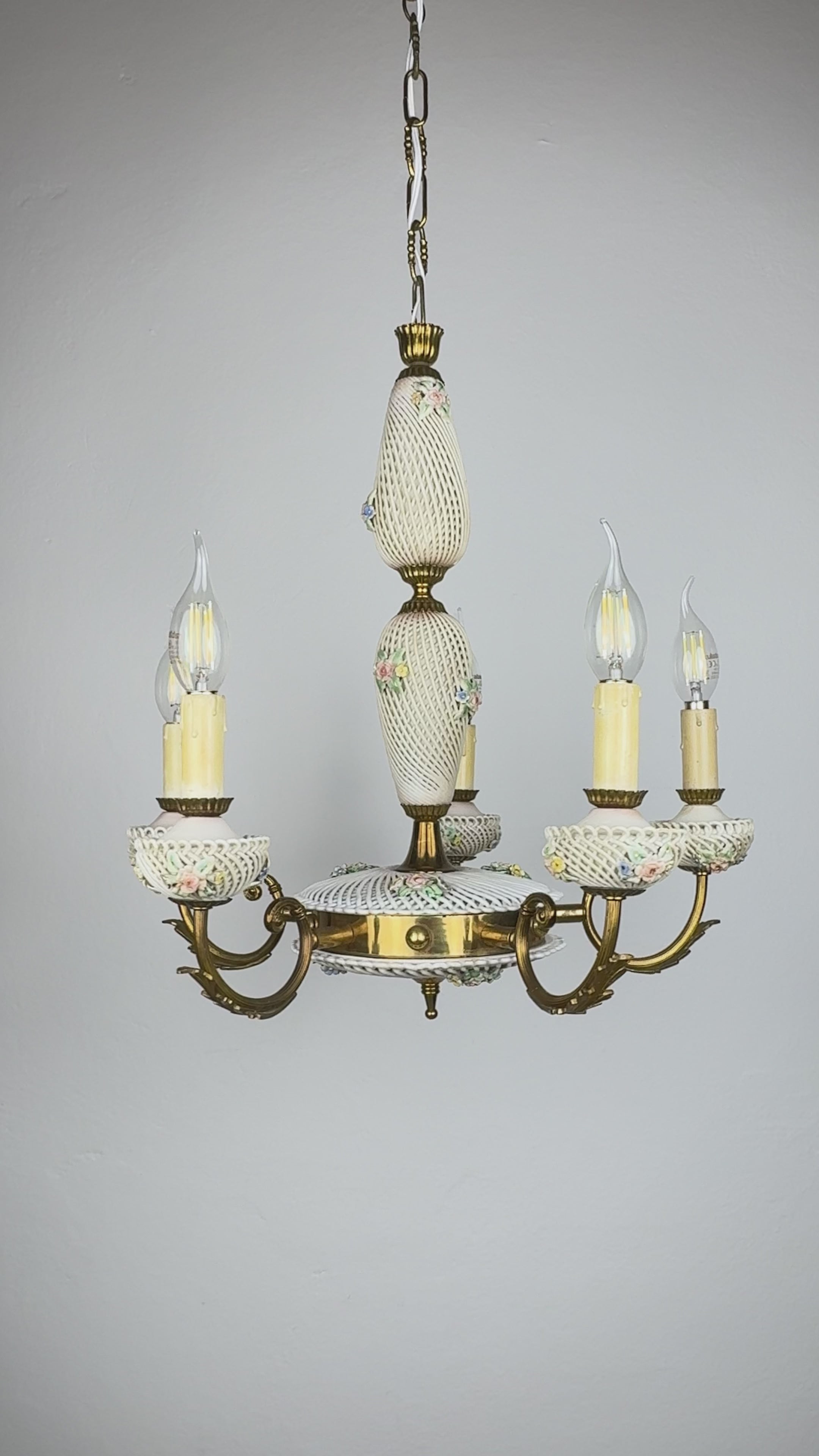 Vintage Art Nouveau Capodimonte Chandelier: Floral Porcelain Lamp, 1930s