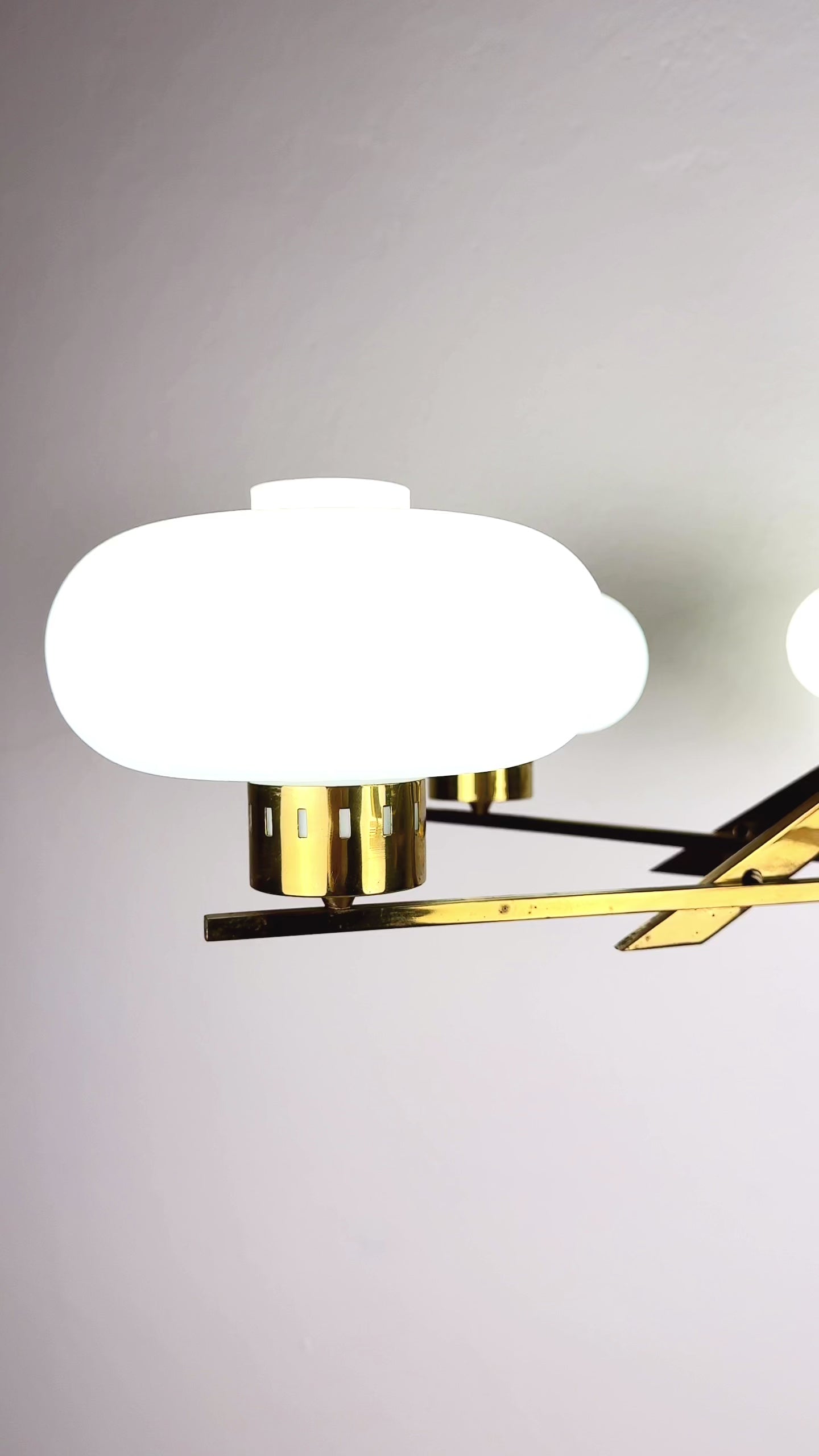 Mid-Century Stilnovo Chandelier with Brass and Opaline Glass, Italy 1970s