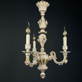 Vintage Capodimonte porcelain 3 arm chandelier Italy 1940s Baroque Ceramic Chandelier Shabby chic Flower Porcelain Chandelier