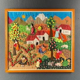 Patchwork painting "Apple picking" in the style of Naive art Italy 1980s Folk Art