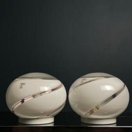 Murano glass table lamps Vetri Murano 004 Italy 1970s Set of 2 Mid-century italian modern sphere white table lamp