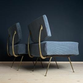 Vintage blue lounge chairs Italy 1950s Set of 2 Velvet blue italian furniture / mid-century home decor