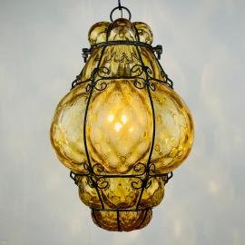 Venetian Yellow Murano Caged Glass Pendant Lamp, Italy 1940s