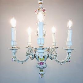 Vintage Capodimonte porcelain 5 arm chandlier Italy 1940s Baroque Ceramic Chandelier Shabby chic Flower Porcelain Chandelier