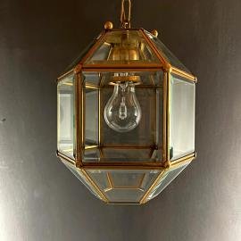 Vintage diamond pendant lamp Italy 1960s Gold brass hex crystal lamp