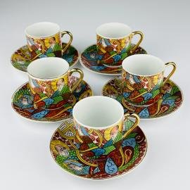 Japanese Lithophane Geisha porcelain coffee set of 5, 1950s