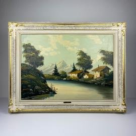 Original Large Landscape Oil Painting by G. Taverna (1814-1878), Signed, Swiss, the 19century, Vintage Art