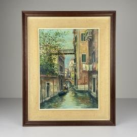 Venice Canal Original Vintage Oil Painting, Italy, 1960s, Signed, Framed