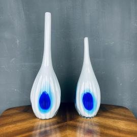 Pair of murano glass vases Italy 1990s White and blue vintage murano