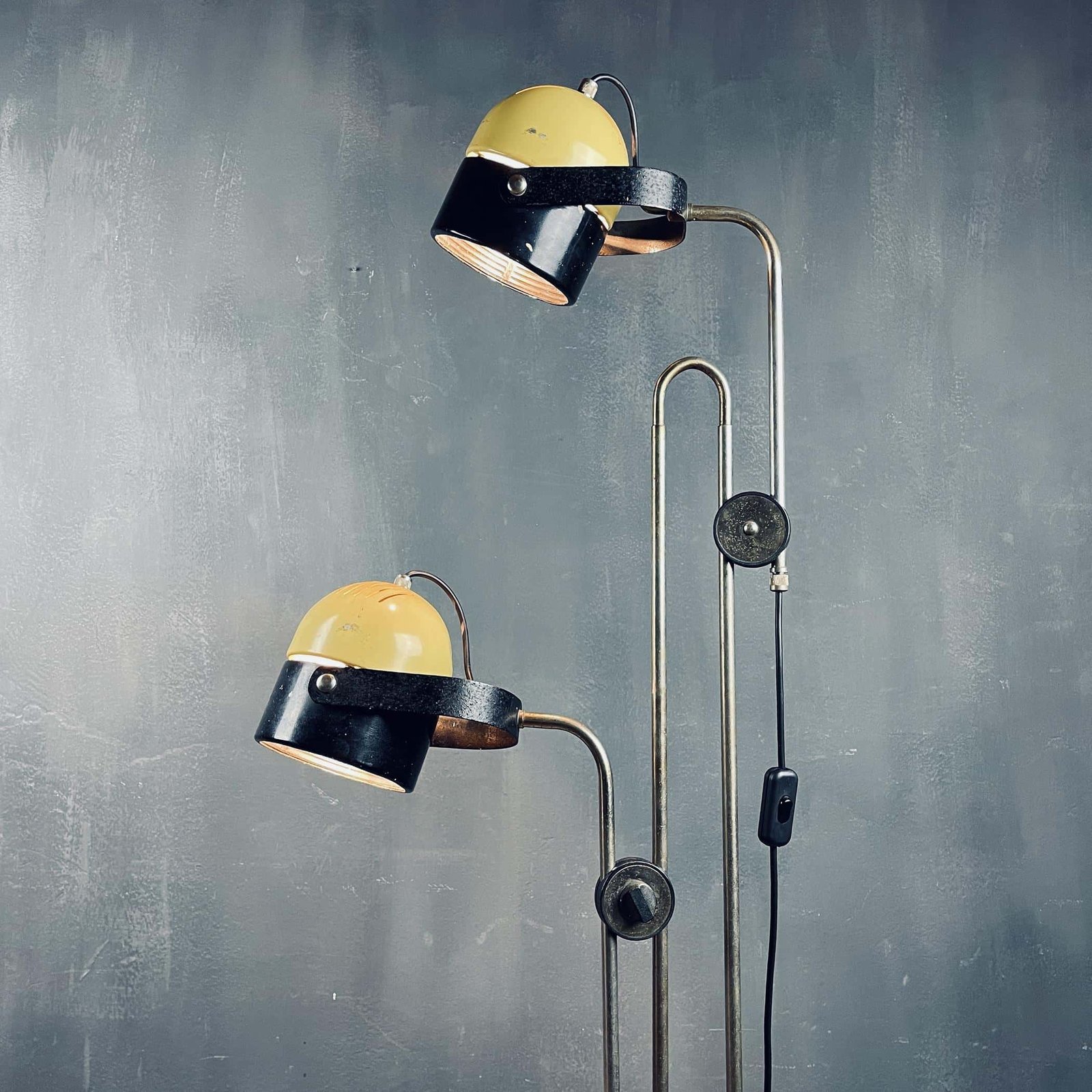 Mid-century yellow black metal floor lamp Yugoslavia 1970s space age atomic
