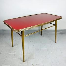 Vintage coffee table Italy 1950s Brass and Glass Red and Gold Art deco Italian Modern
