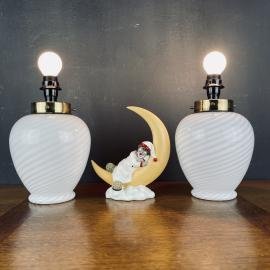 Pair of vintage swirl murano glass table lamps Italy 70s Retro white gold night table lamps space age mid-century lighting
