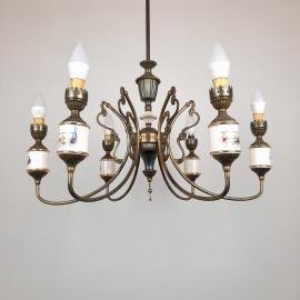 Vintage 6 arm porcelain bronze chandelier Compagnie Nationale De Porcelaine France 1950s Bronze lamp Mid-century lighting