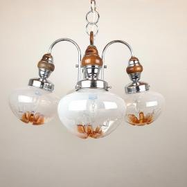 Mid-century 4 arm pendant lamp Yugoslavia 1970s Style Mazzega Metal Glass Space Age white-amber murano art glass bowls