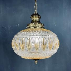 Vintage crystal swag lamp Italy 1970s Retro hanging lighting Mid-century bronze lamp