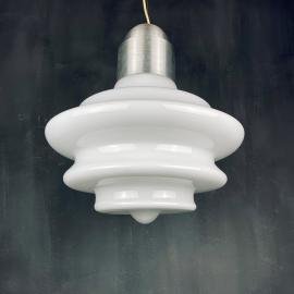 Large mid-century opaline white glass handing lamp Italy 1960s Art deco Italian modern