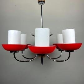 Vintage pendant lamp Sijaj Hrastnik Yugoslavia 80s Red and White glass Art deco Space age Atomic chandelier Mid Century Modern