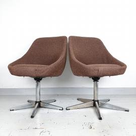 1 of 2 Mid-century office chair Yugoslavia 1970s Retro home office Egg lounge chair Brown Original Textil Swivel chrome metal leg