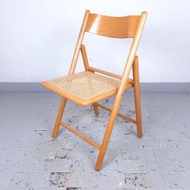 1 of 2 Retro folding chairs with rattan seat Italy 70s Mid-century wooden furniture