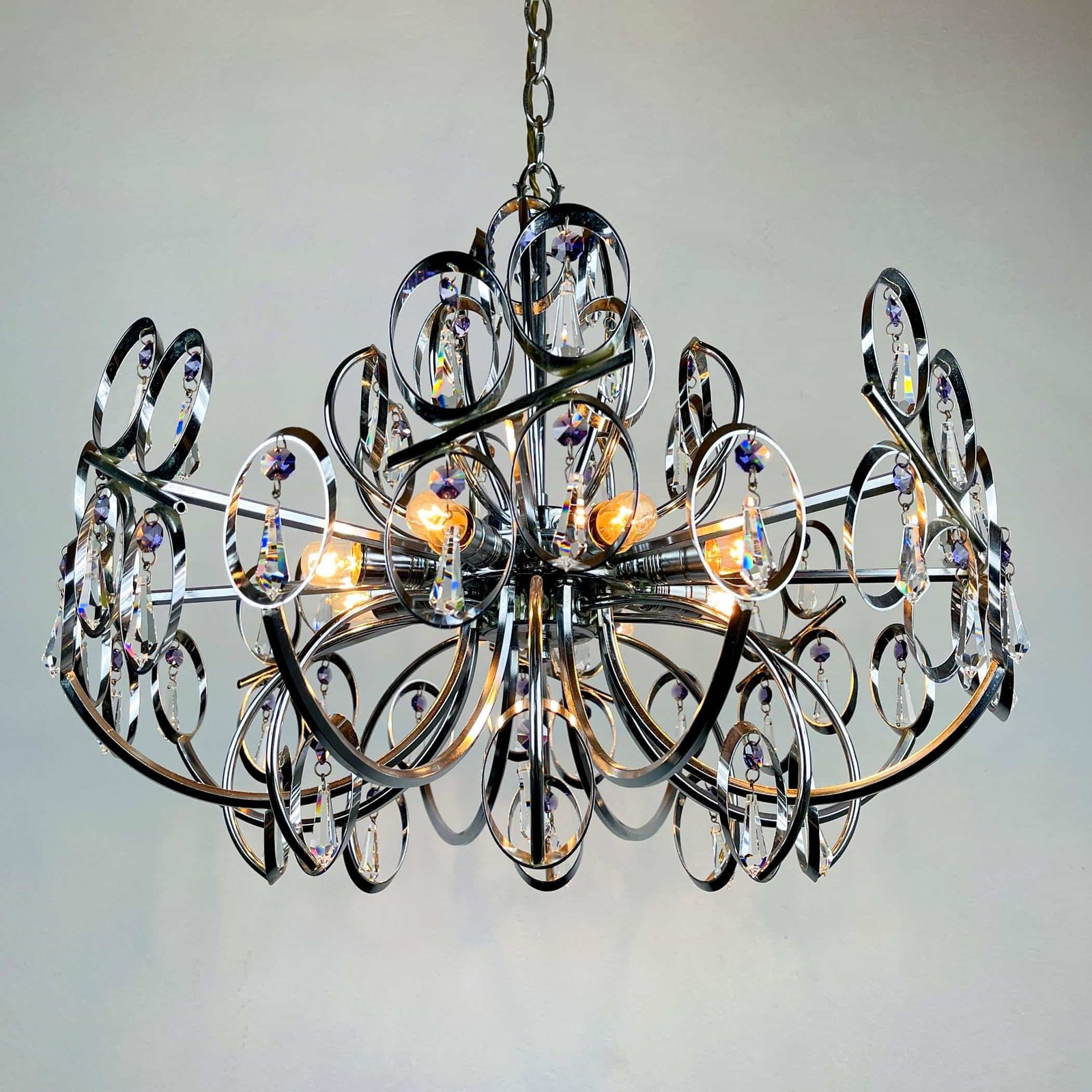 Mid-century metal crystal chandelier Italy 1970s Sciolari style