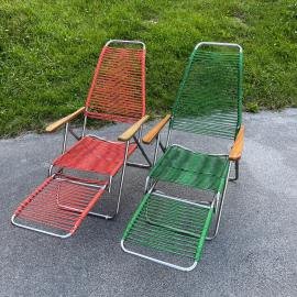 1 of 2 Vintage vinyl folding chair Italy 1970s Creen and Red camping lawn chair patio furniture