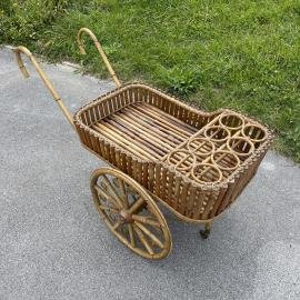 Rare vintage bamboo trolley bar Italy 1950s Mid-century serving bar cart