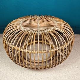 Mid-century wicker rattan ottoman or pouf Italy 1950s MCM modern design Italian rattan furniture