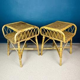 Pair of vintage bamboo nightstands bedside tables Italy 1960s end table night side furniture modern tiki boho chic bohemian folk rattan wicker