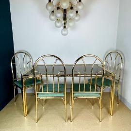 Set of vintage brass faux bamboo dining 4 chairs and table France 1970s MCM Modernist Hollywood Regency Retro
