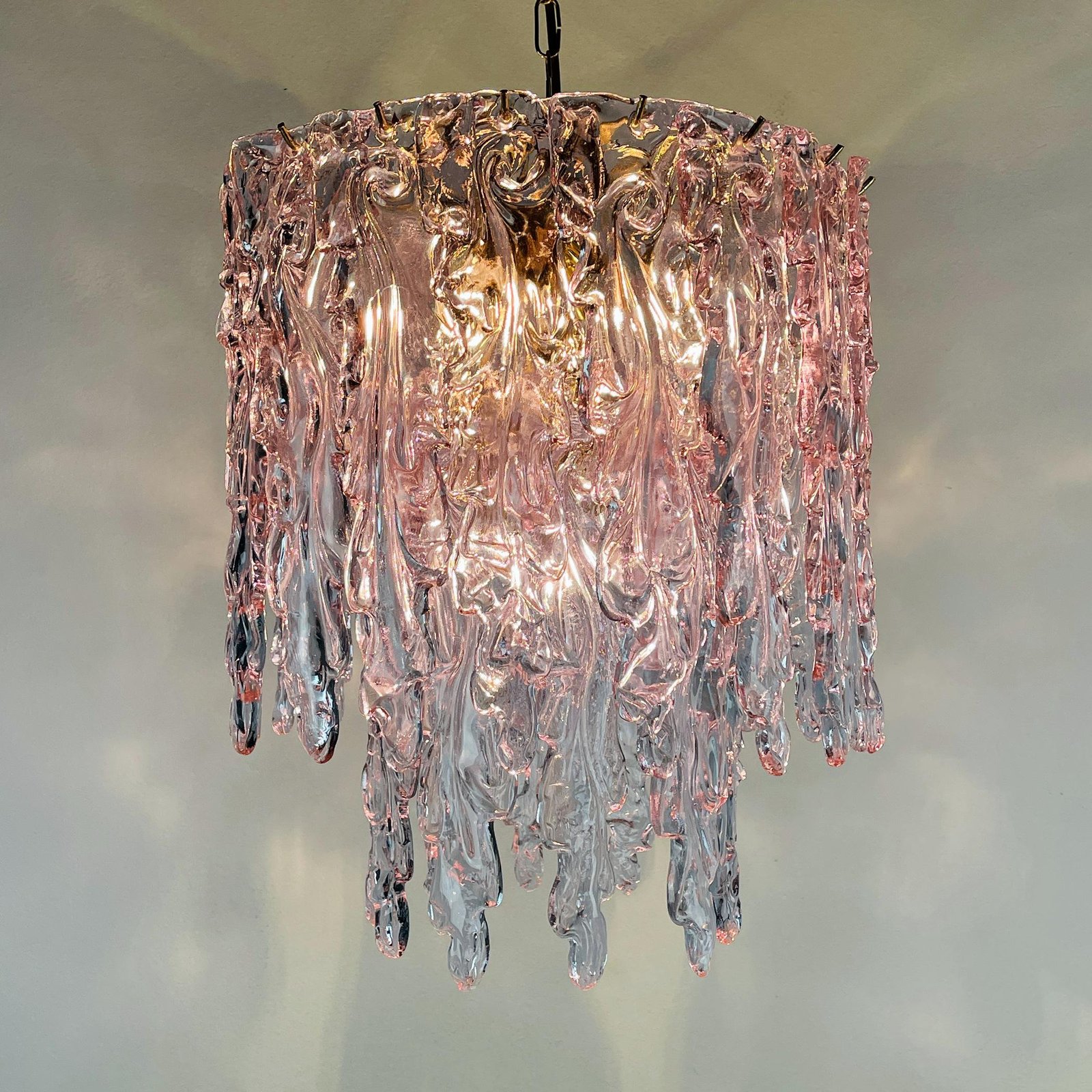 Mid-century large ice murano glass chandelier by Venini Italy 1980s