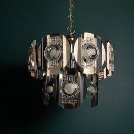 Chrome and Glass Lens Chandelier by Oscar Torlasco Italy 1960s