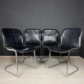 Set of 4 dining chairs Model C2 By Willy Rizzo For Cidue Italy 1970s Black Leather Tubular Cantilever Chairs Modernist Mid-Century Modern